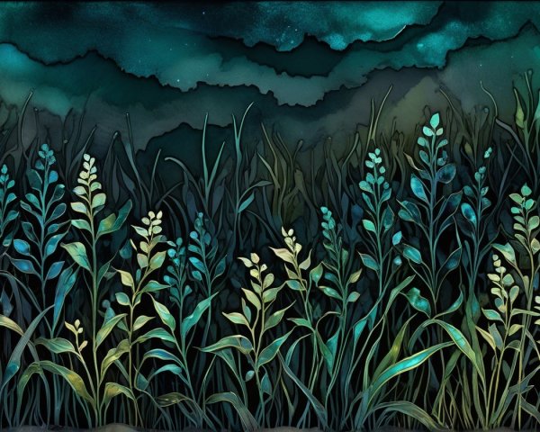 Stylized Plants Against a Dramatic Night Sky