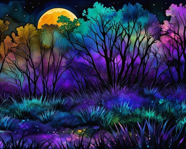 Ethereal Forest Landscape with Purple and Blue Hues