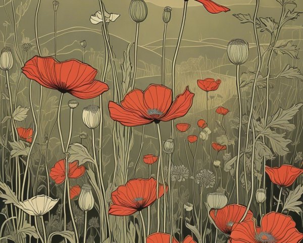 Vibrant Red Poppies in a Serene Landscape Setting