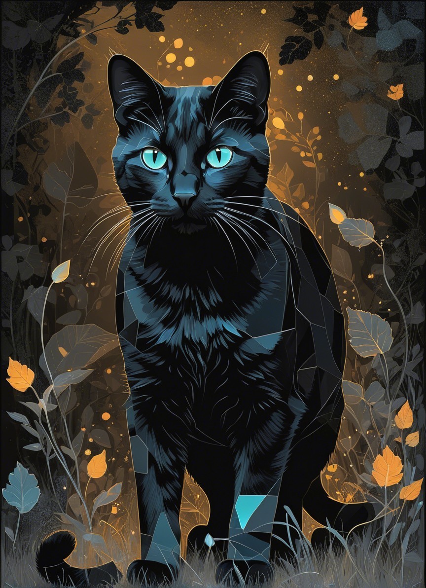 Black Cat in Dark Backdrop with Orange Accents