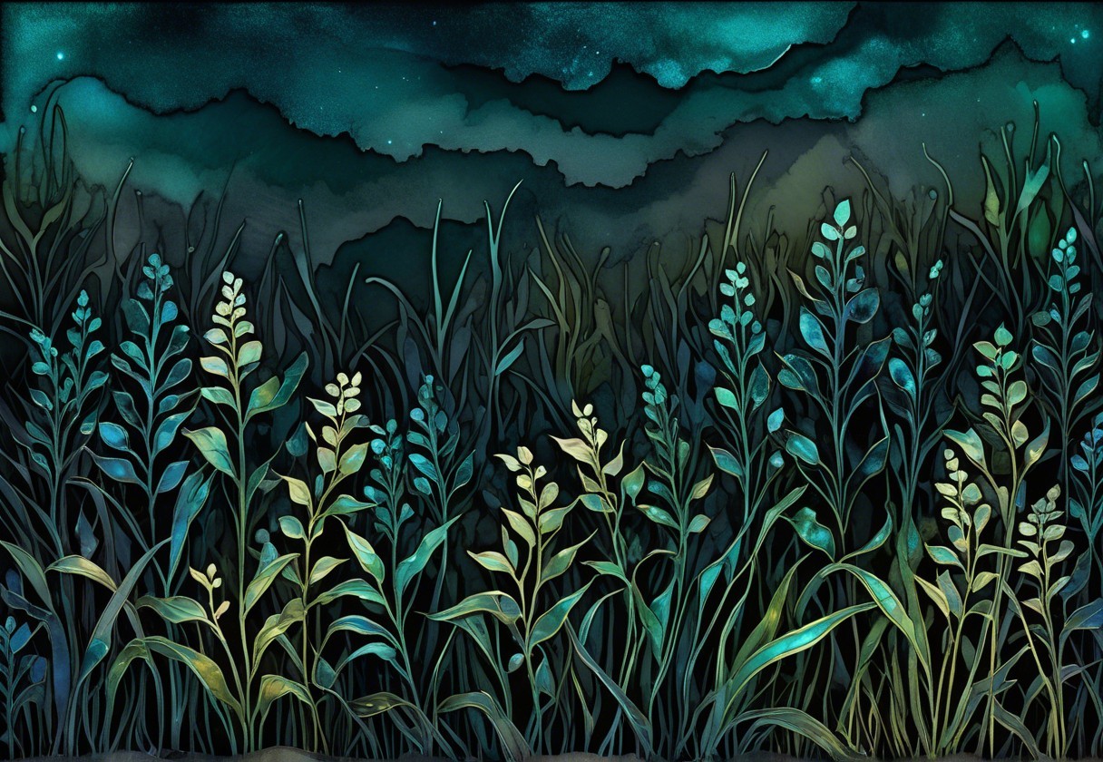 Stylized Plants Against a Dramatic Night Sky