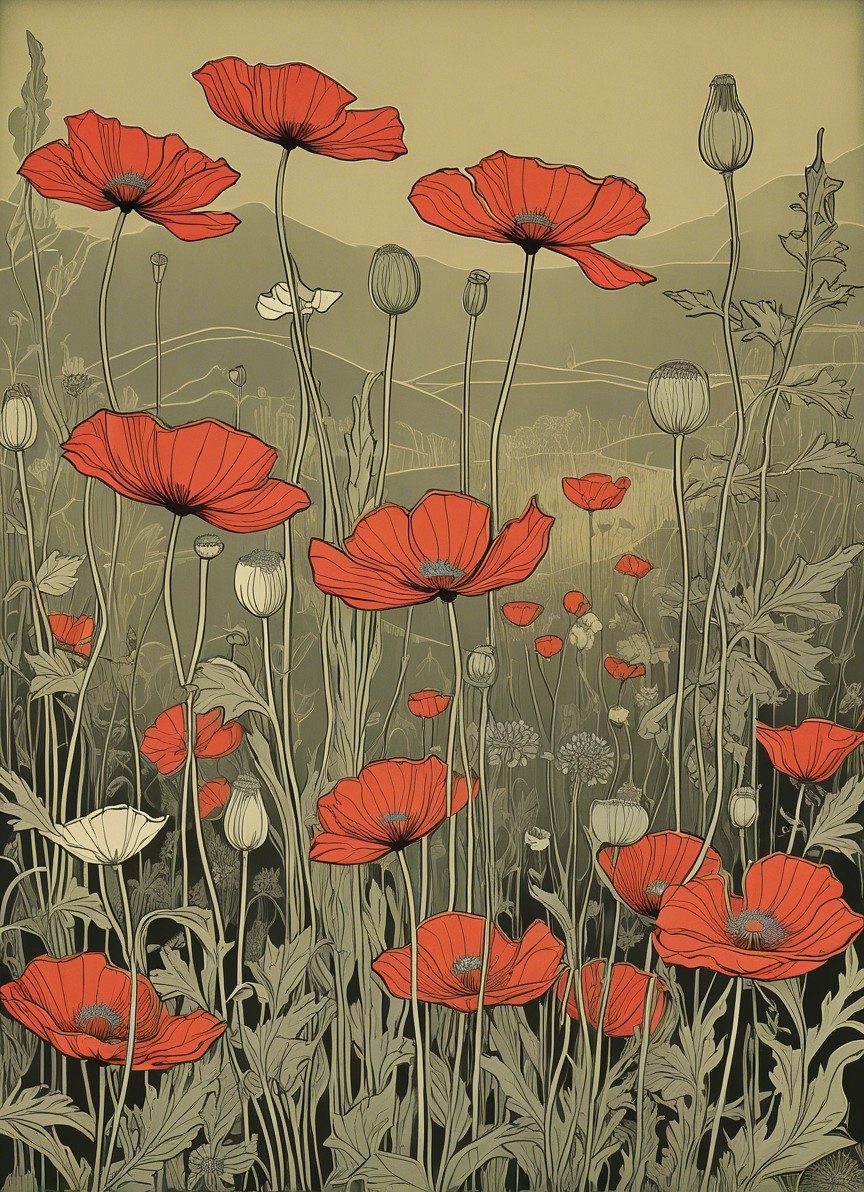 Vibrant Red Poppies in a Serene Landscape Setting