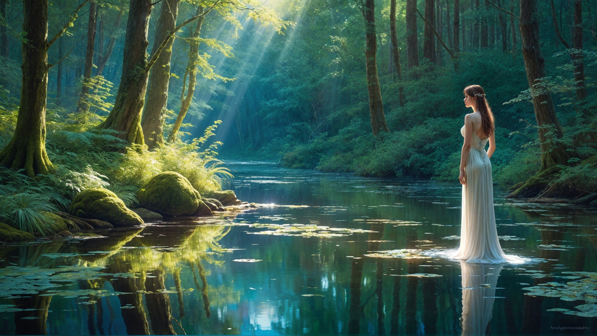 Serene forest scene with woman in flowing white dress