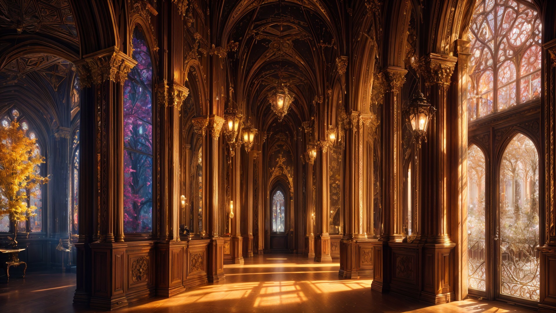 Opulent hall with intricate woodwork and golden light