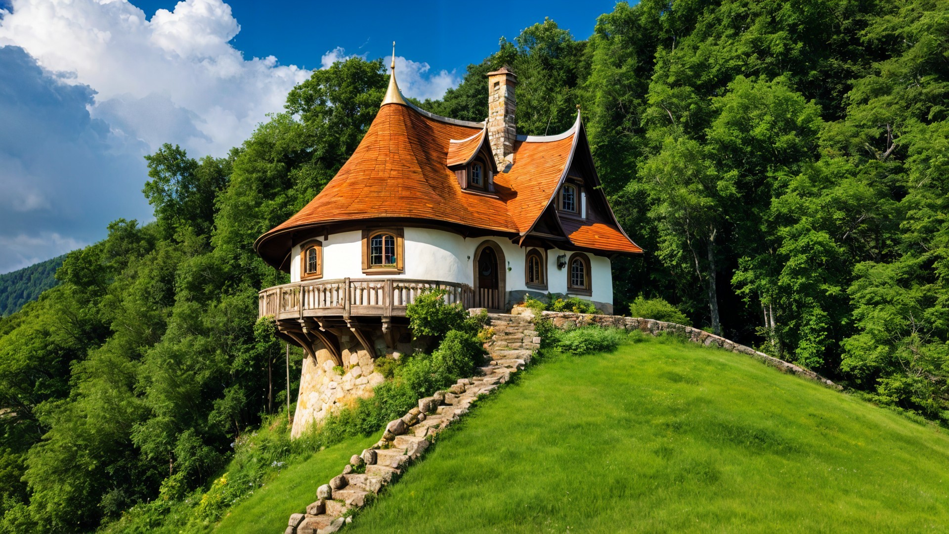 Whimsical Cottage with Orange Roof on Green Hill