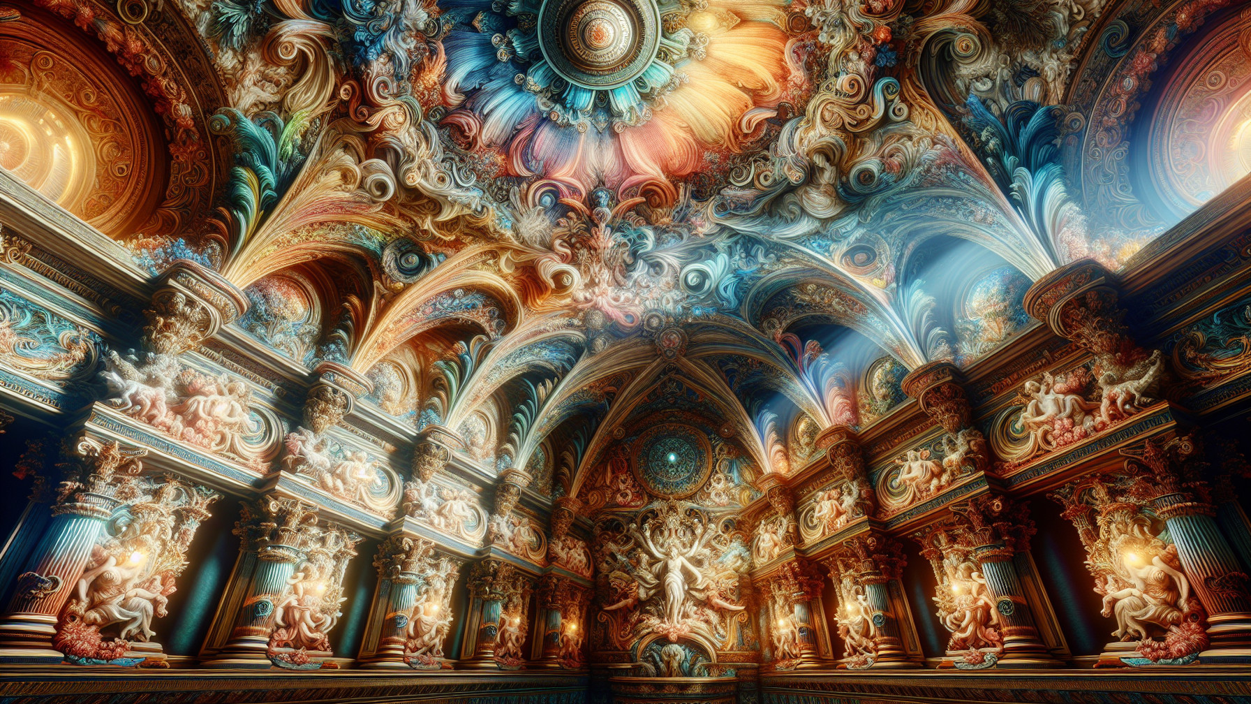 Opulent Interior with Grand Arches and Vibrant Ceiling