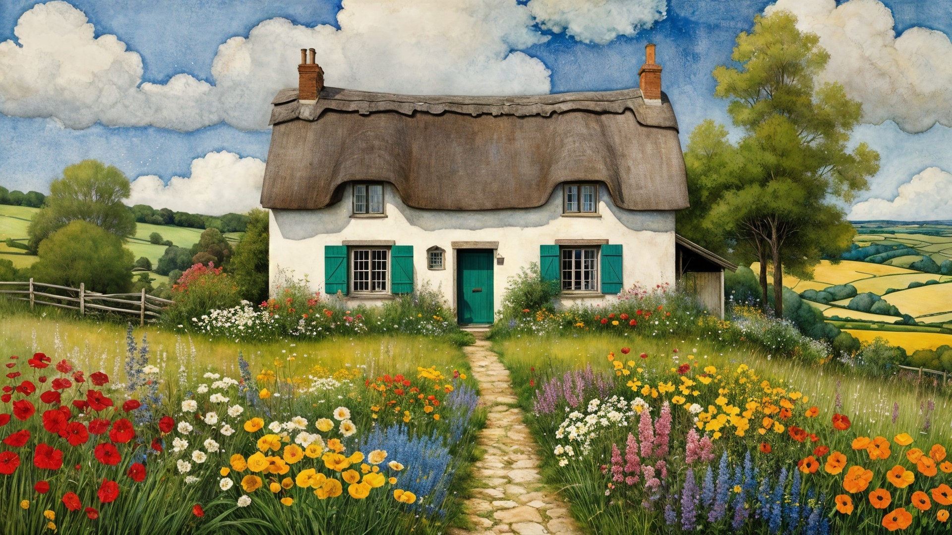 Thatched-roof cottage in a colorful garden setting