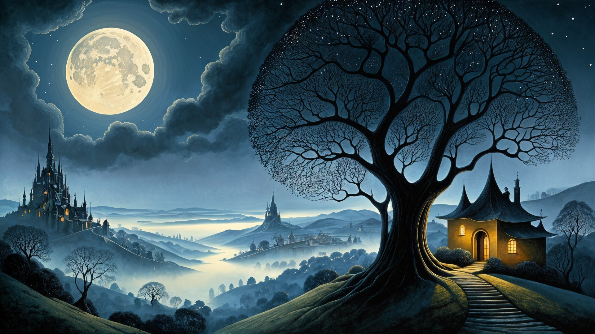 Mystical Landscape with Starry Sky and Castle