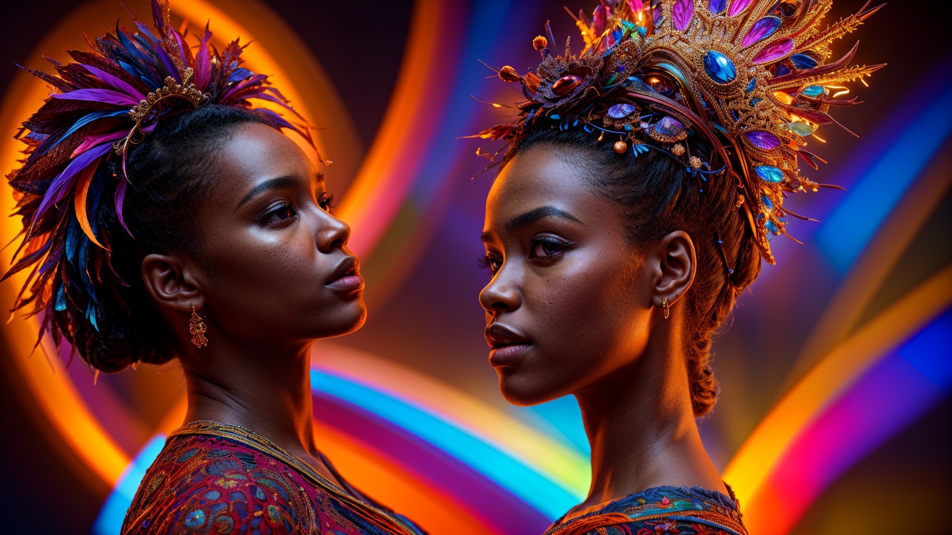 Elegant Women in Feathered Headpieces with Colorful Lights