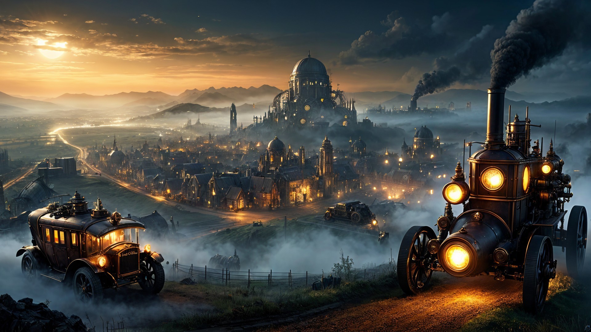 Steampunk Landscape at Sunset with Vintage Vehicles