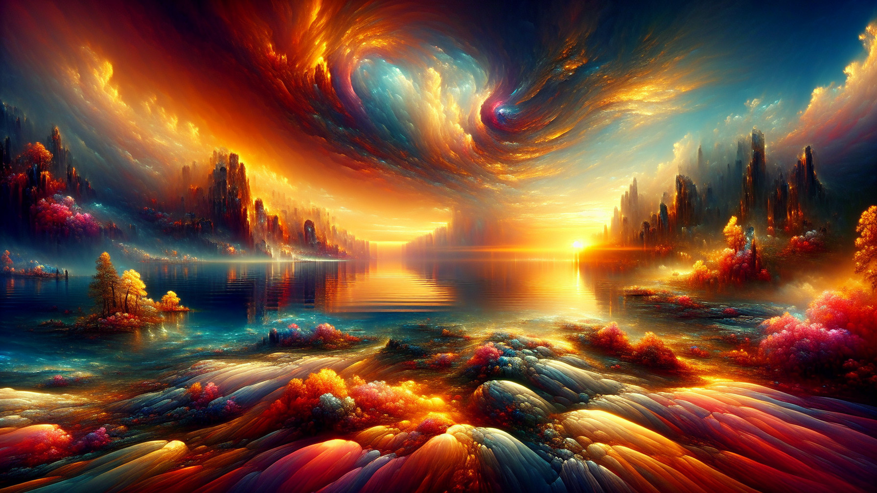 Surreal Landscape with Vibrant Sunset and Flora