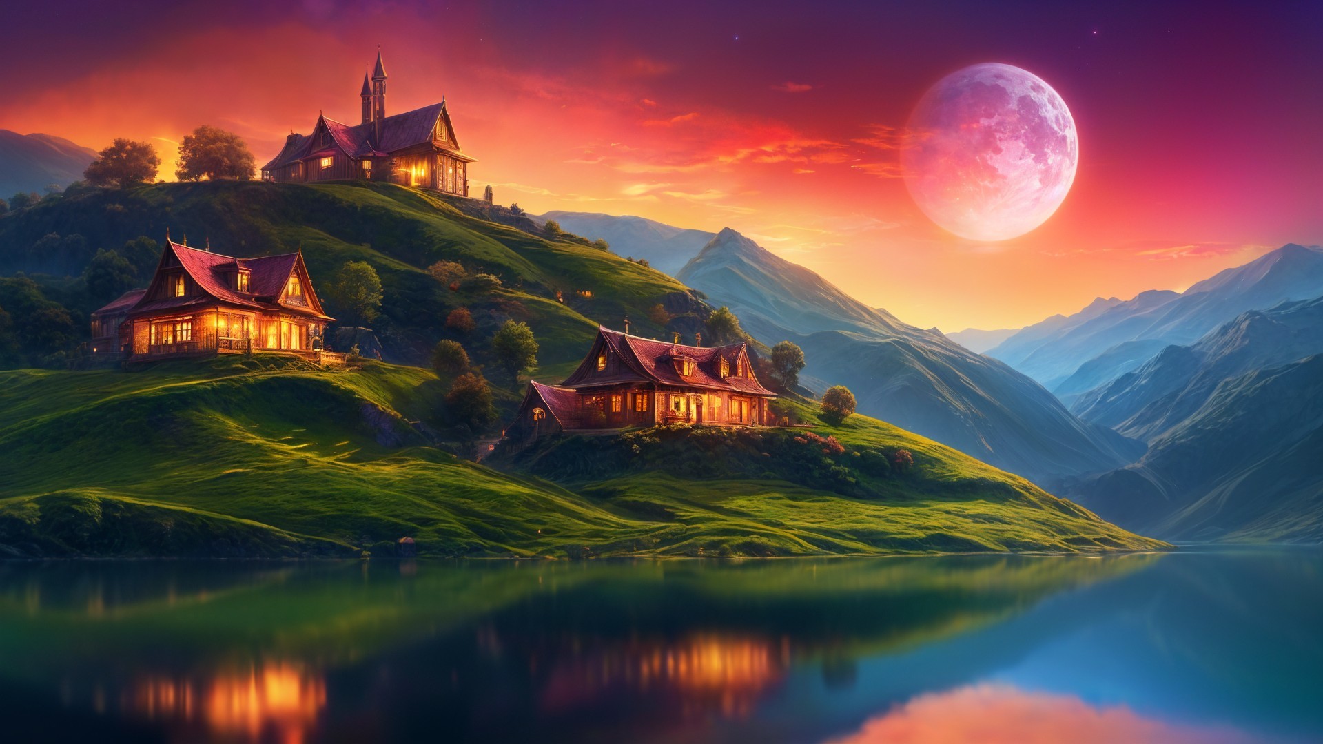 Tranquil Dusk Landscape with Houses and Moonlight