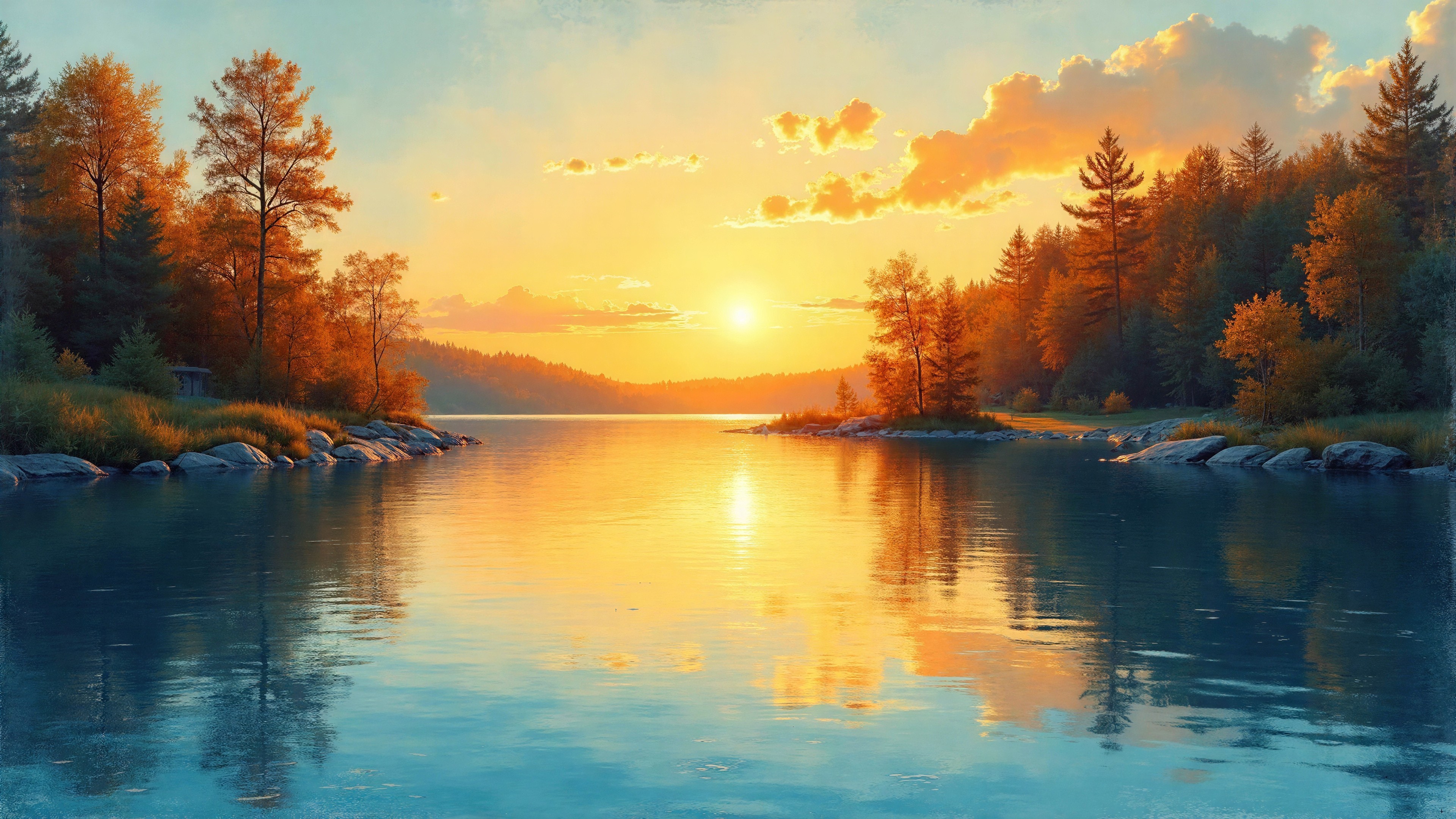 Panoramic Digital Painting of a Serene Autumn Lake