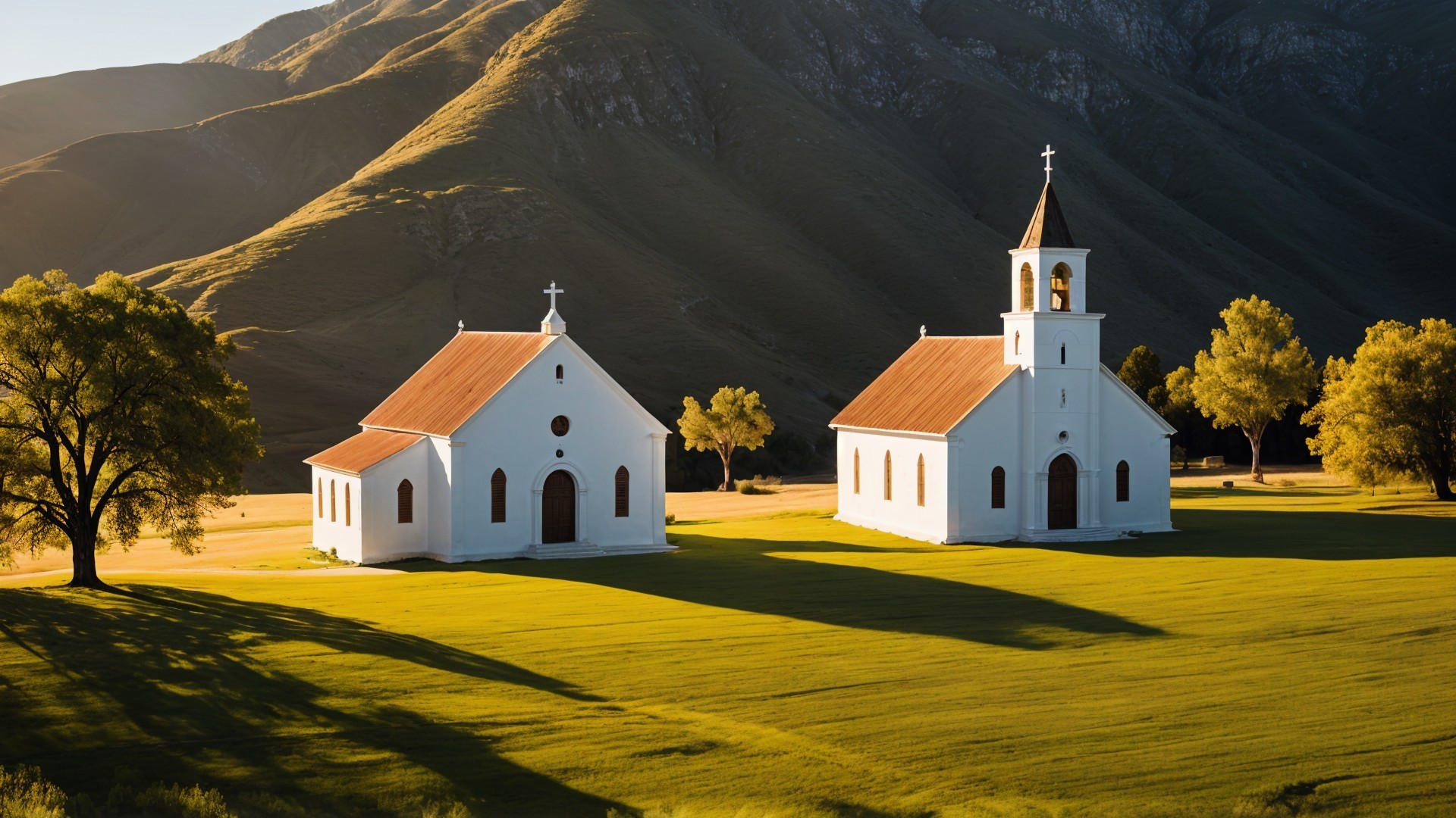 White Churches in Lush Green Field with Rolling Hills