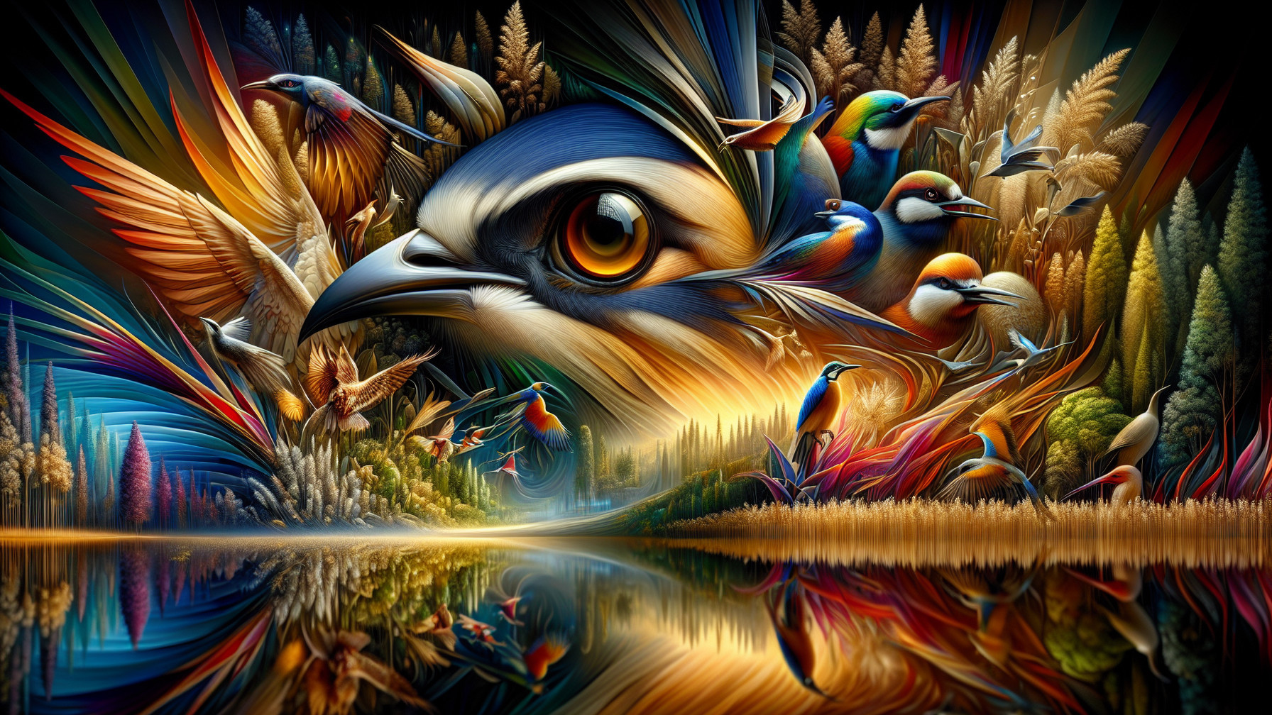 Colorful Artwork of Birds and Lush Foliage Scene