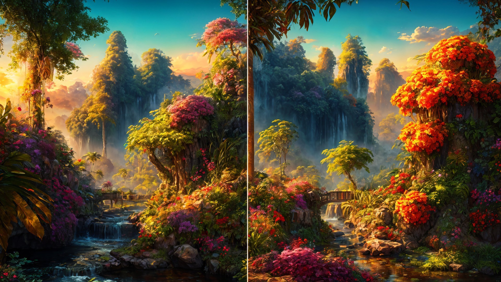Serene Jungle Landscape with Waterfalls and Flora
