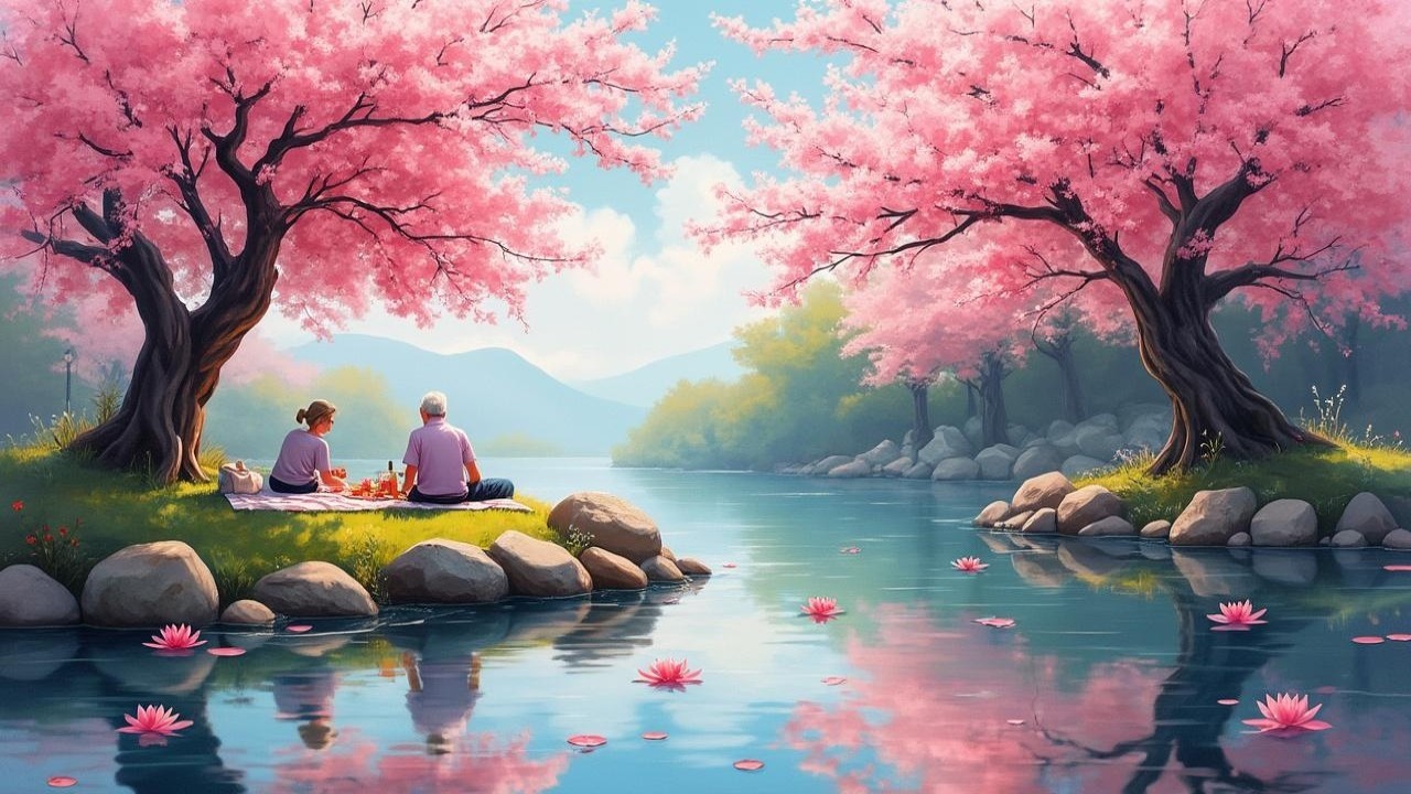 Tranquil River Scene with Cherry Blossoms and Picnic