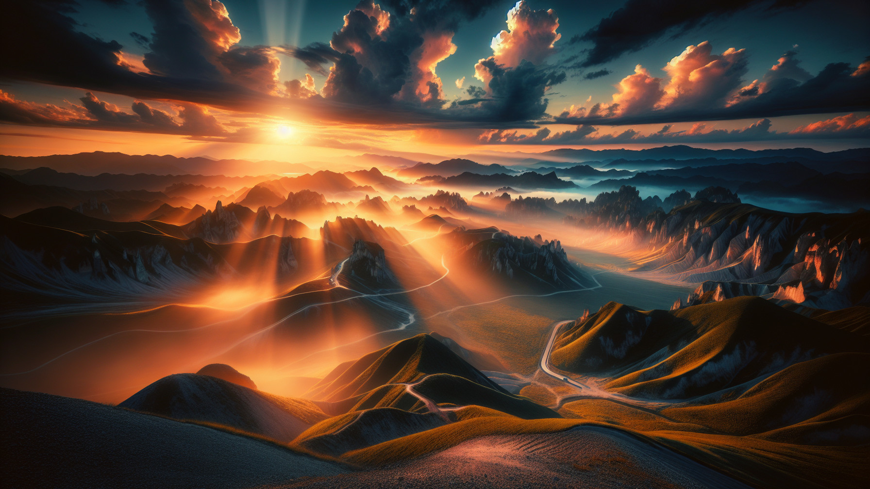 Rugged Mountains and Hills at Sunrise with Clouds