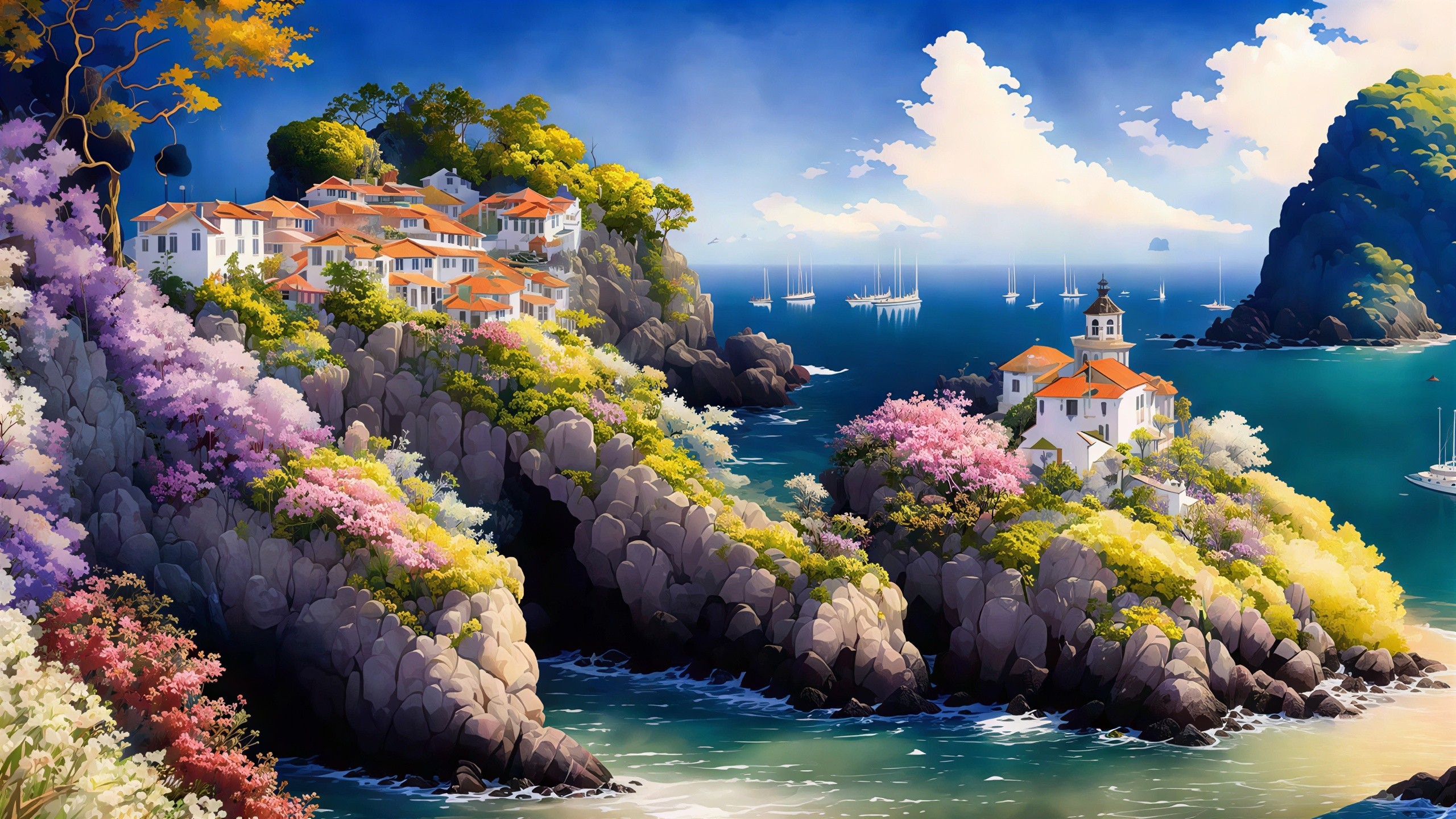 Vibrant Coastal Town Painting with Sailboats and Mountains