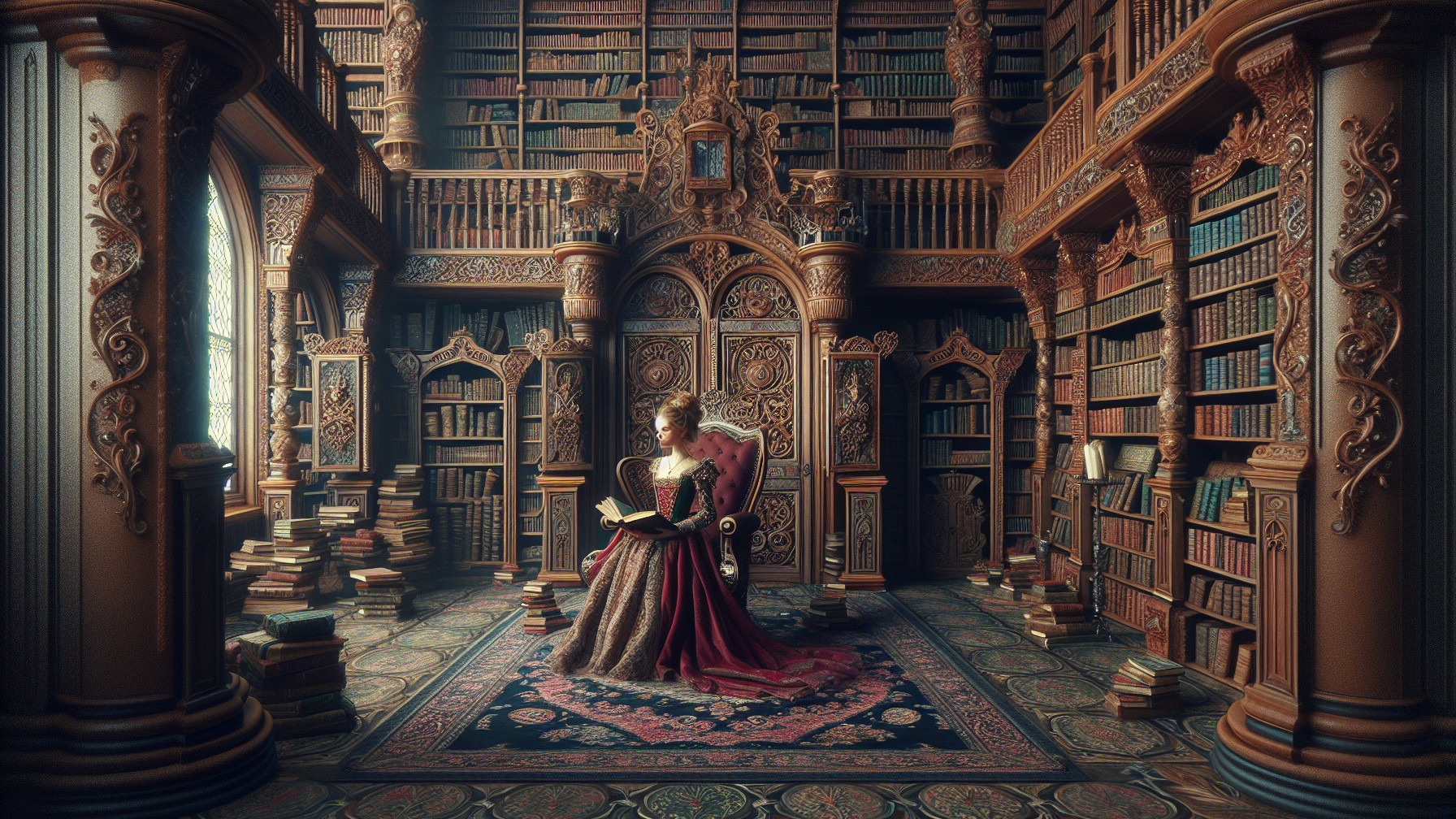 Elegant Woman Reading in an Ornate Library Setting
