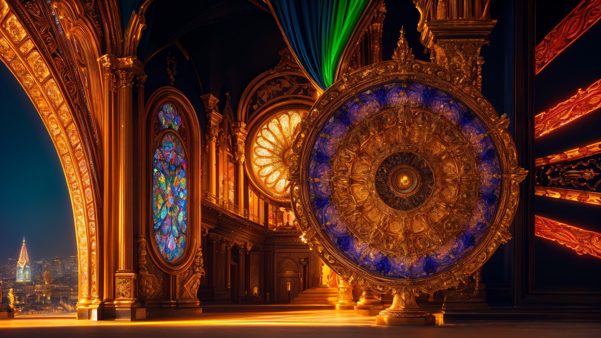 Ornate Interior with Golden Designs and Stained Glass