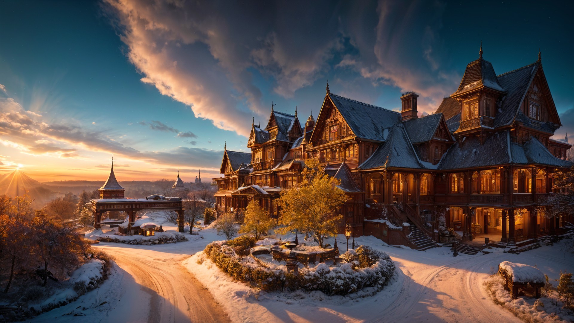 Victorian mansion at sunset with snow-covered landscape