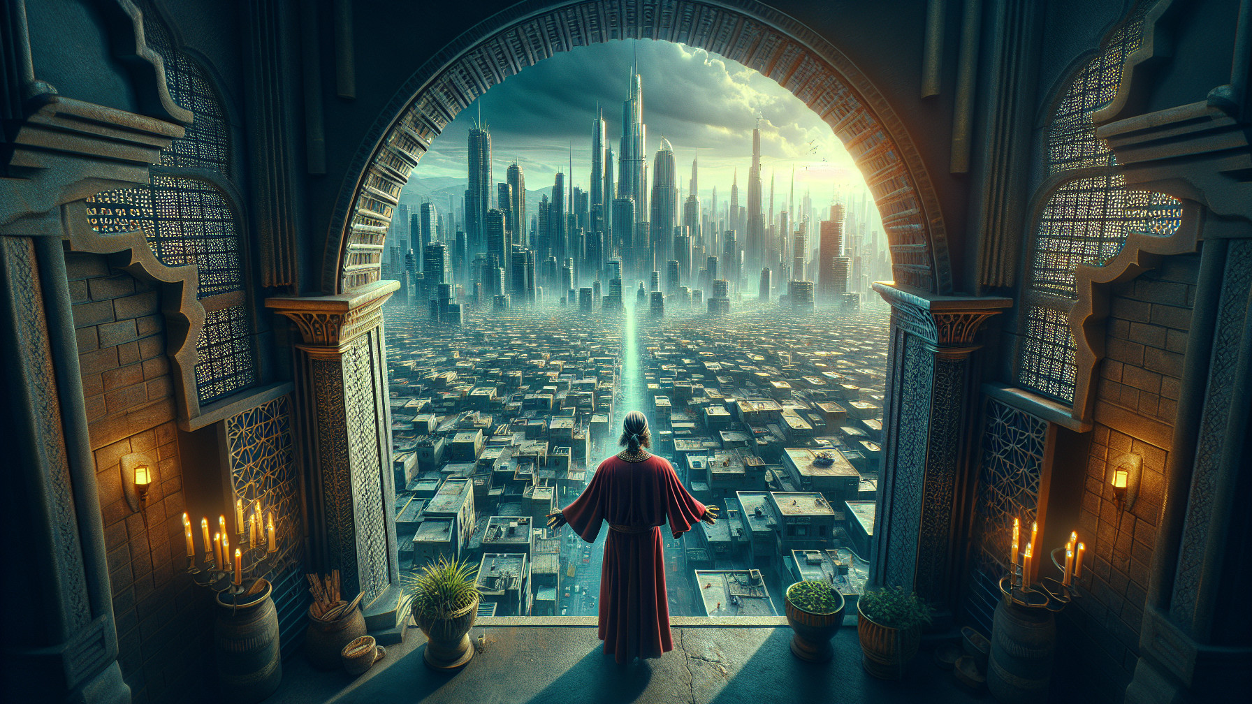 Hooded Figure Overlooks Futuristic Cityscape at Dusk