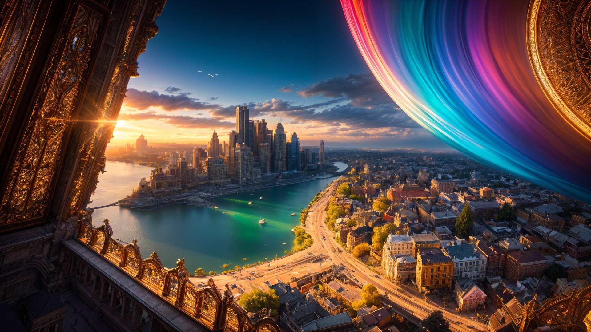 Ornate Balcony View of Vibrant City Skyline at Sunset