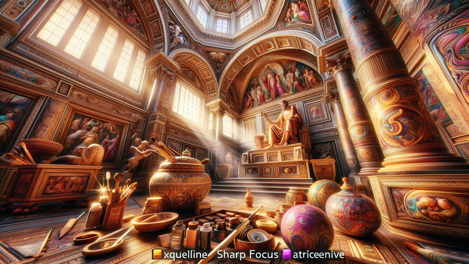 Ornate room with detailed murals, sculptures, and tools