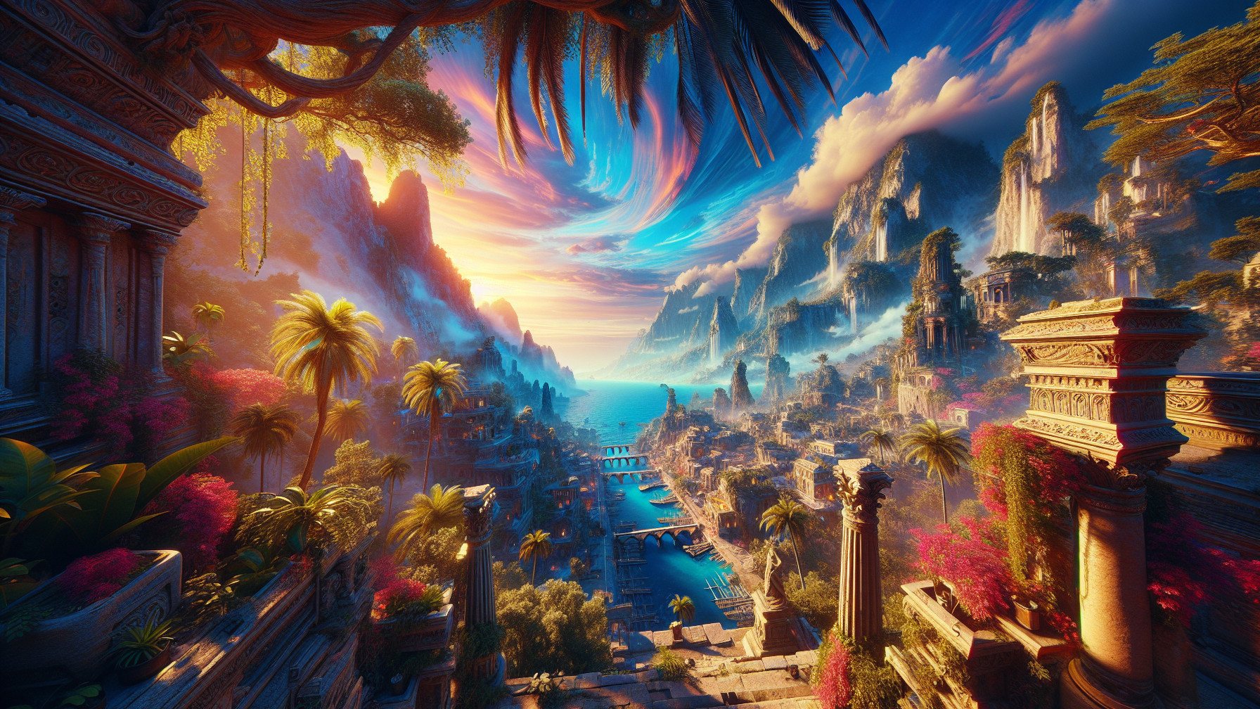 Majestic Mountains and Lush Greenery at Sunset