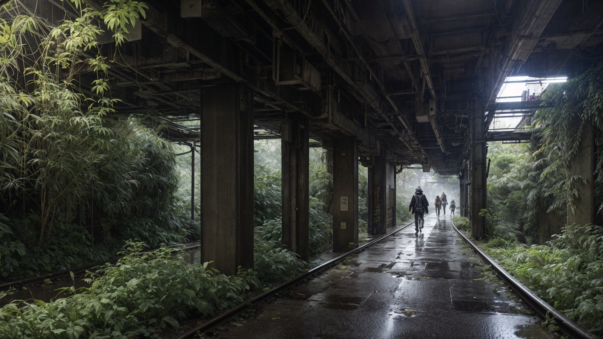 Overgrown Corridor in Abandoned Urban Space