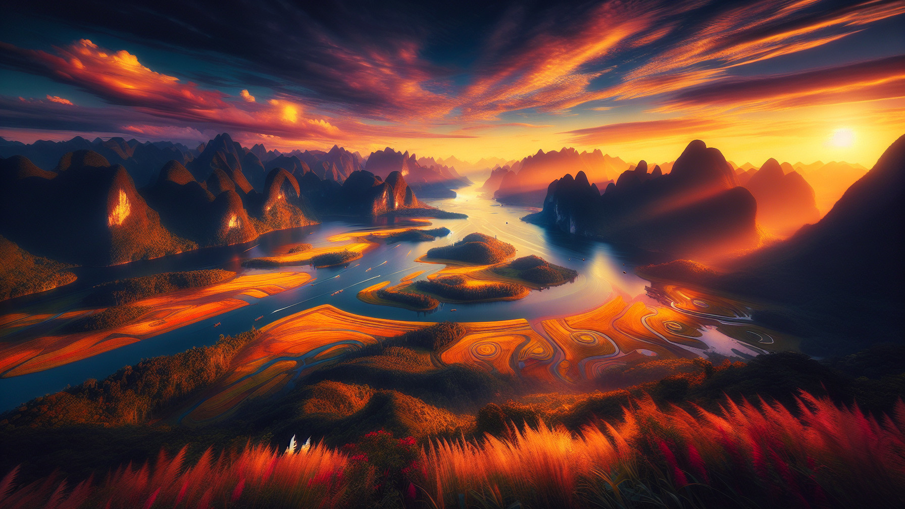 Vibrant Sunset Landscape with Rivers and Mountains