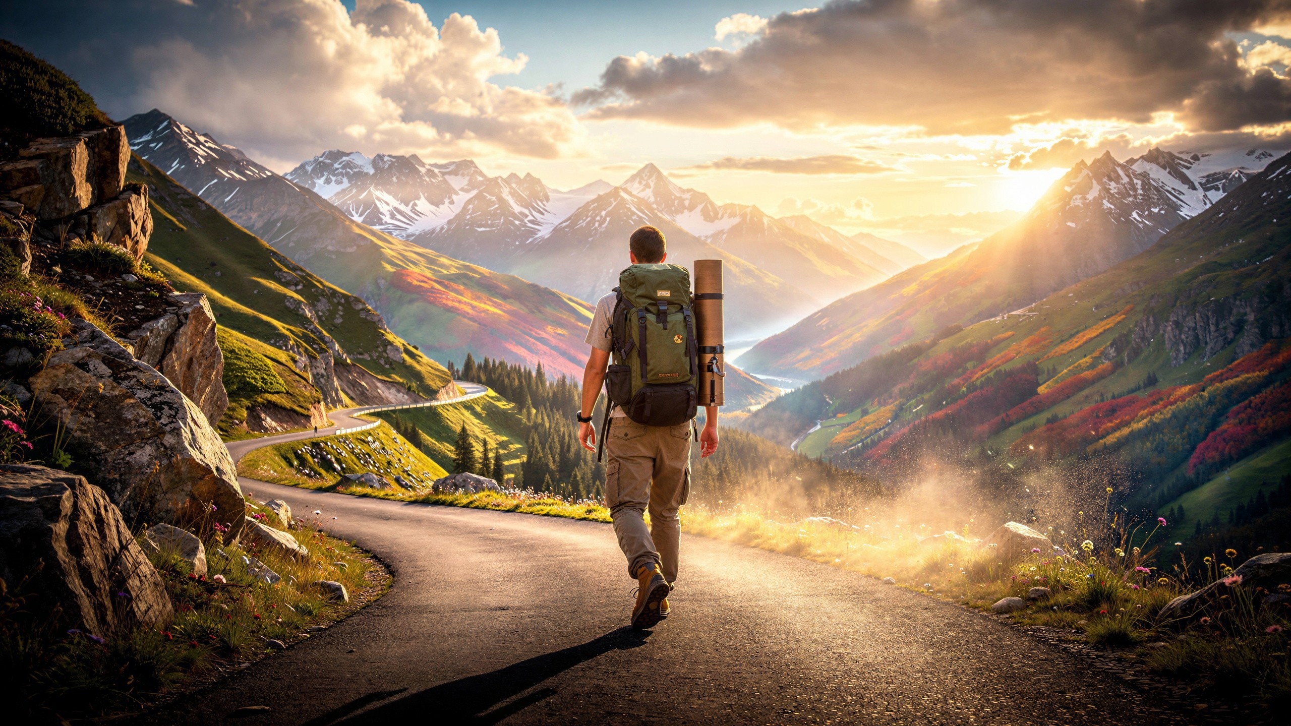 Man Walking on Winding Road into Valley at Sunset