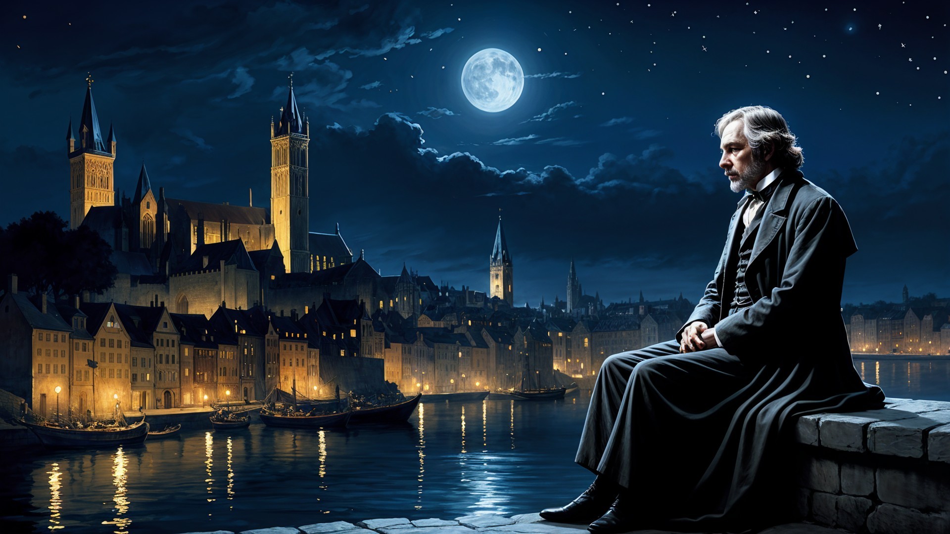 Contemplative Figure Overlooks Medieval City at Night