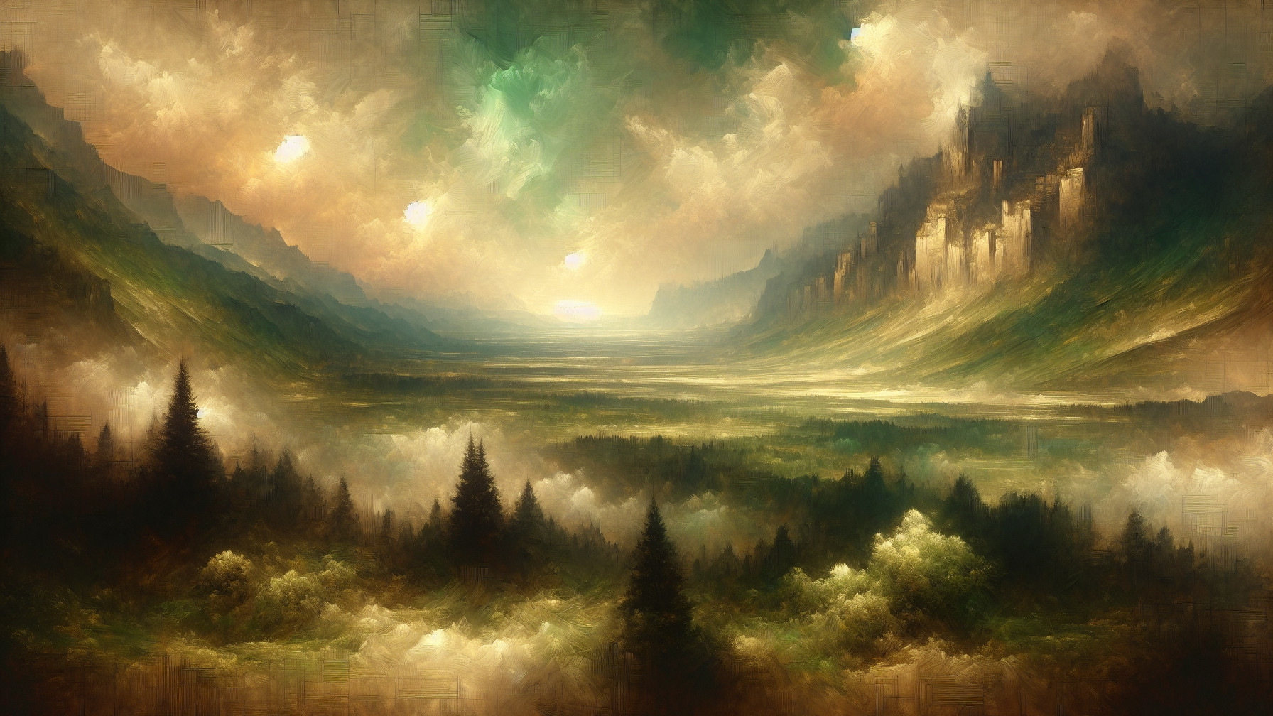 Ethereal Landscape with Mountains and Dreamlike Atmosphere