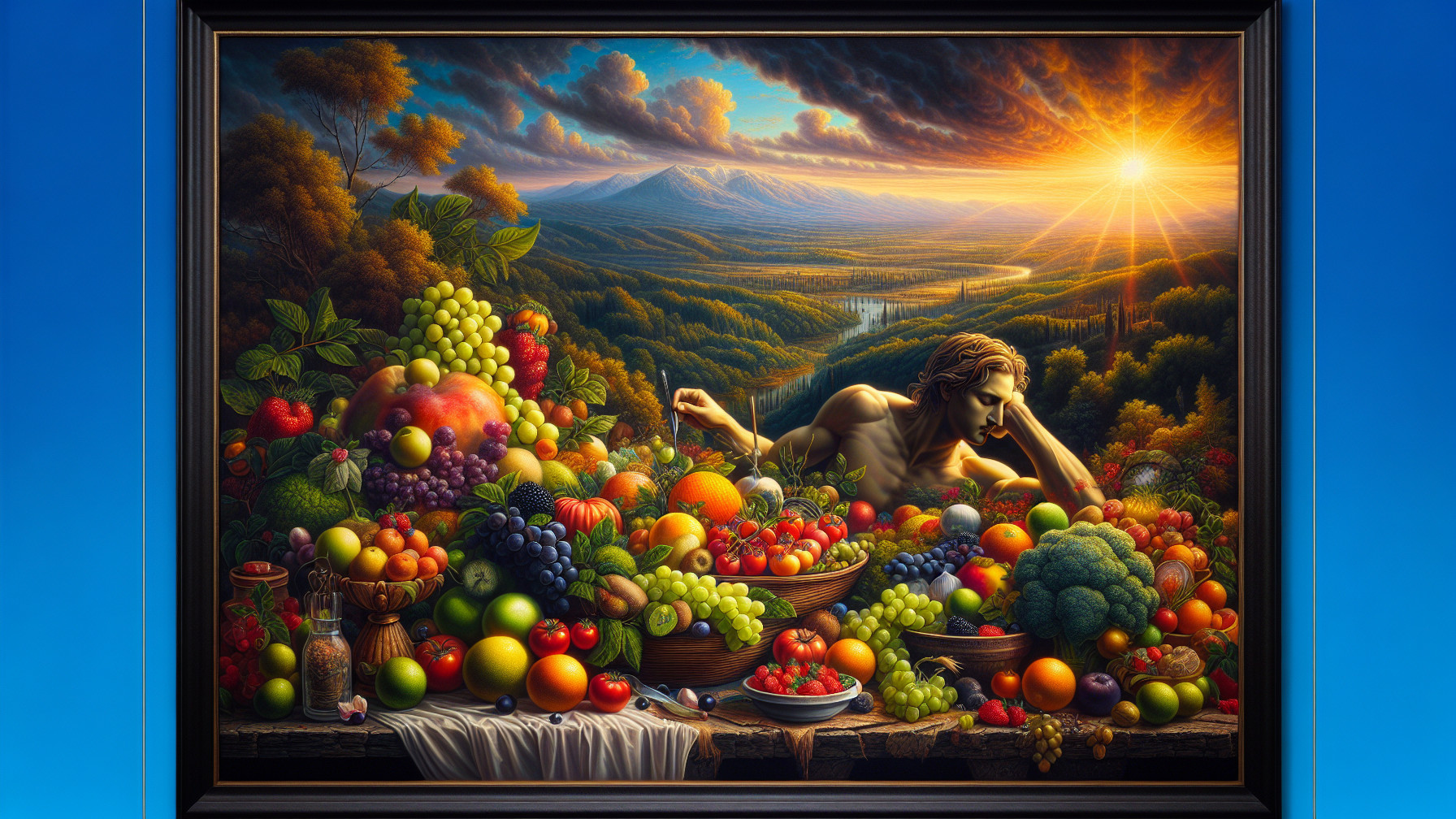 Vibrant Still Life with Fruits, Vegetables, and Landscape