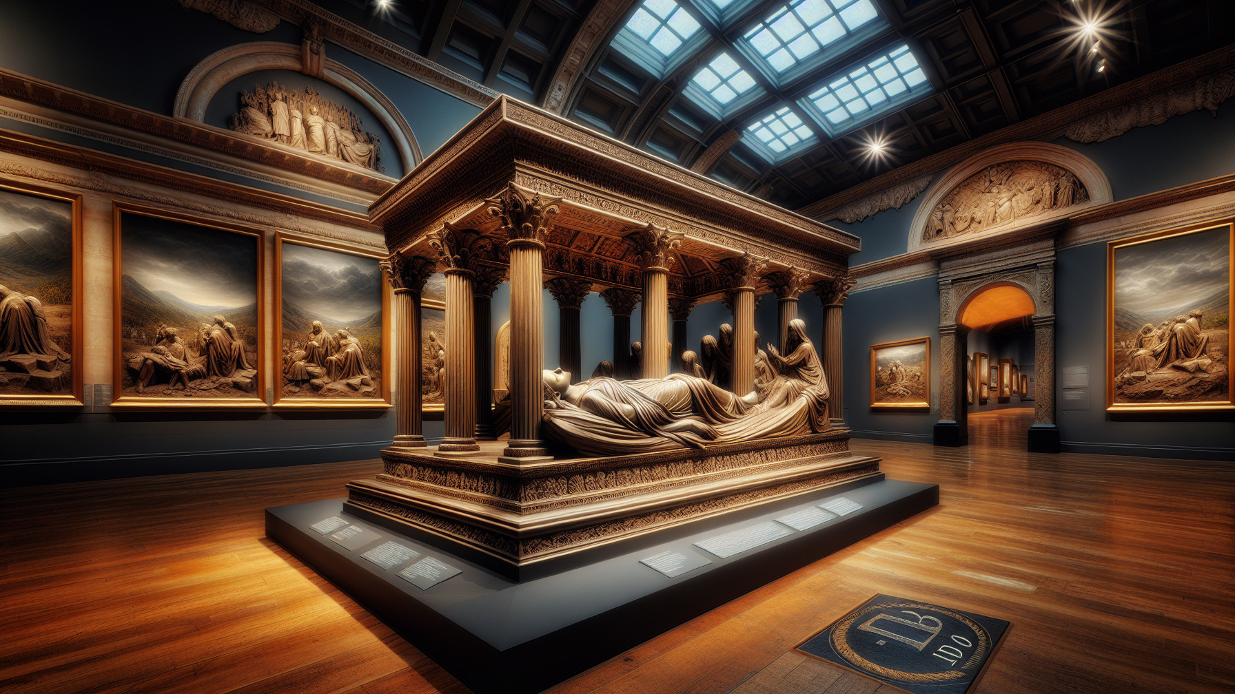 Grand gallery with bronze monument and framed paintings