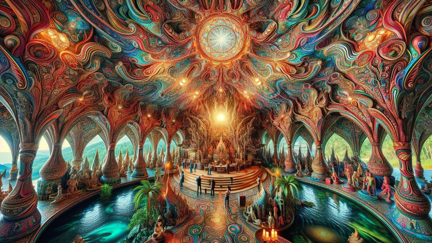 Ornate Hall with Intricate Designs and Lush Greenery