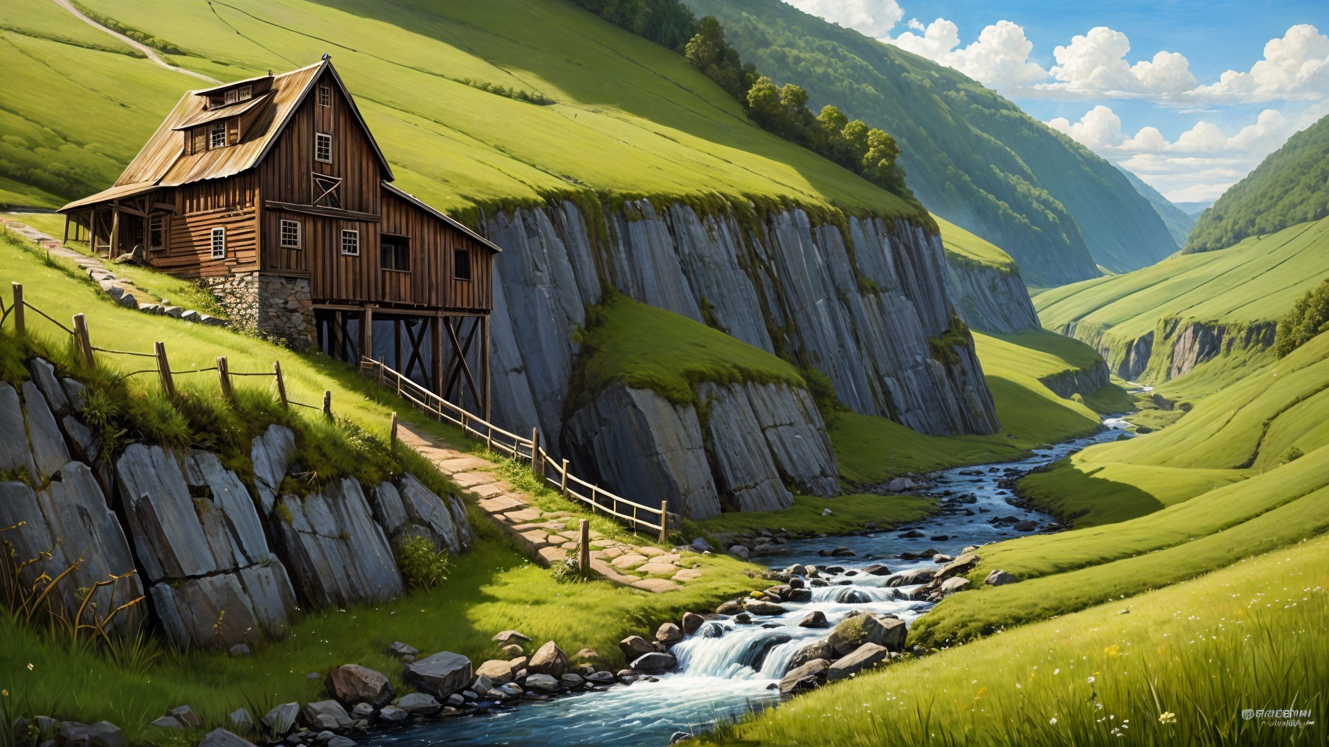Rustic Wooden House Surrounded by Lush Green Hills