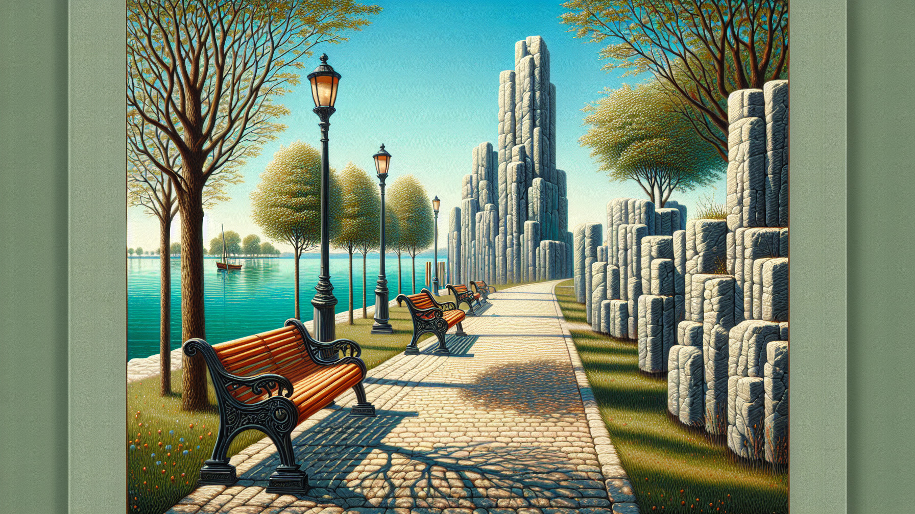 Lakeside Pathway with Benches and Rocky Background