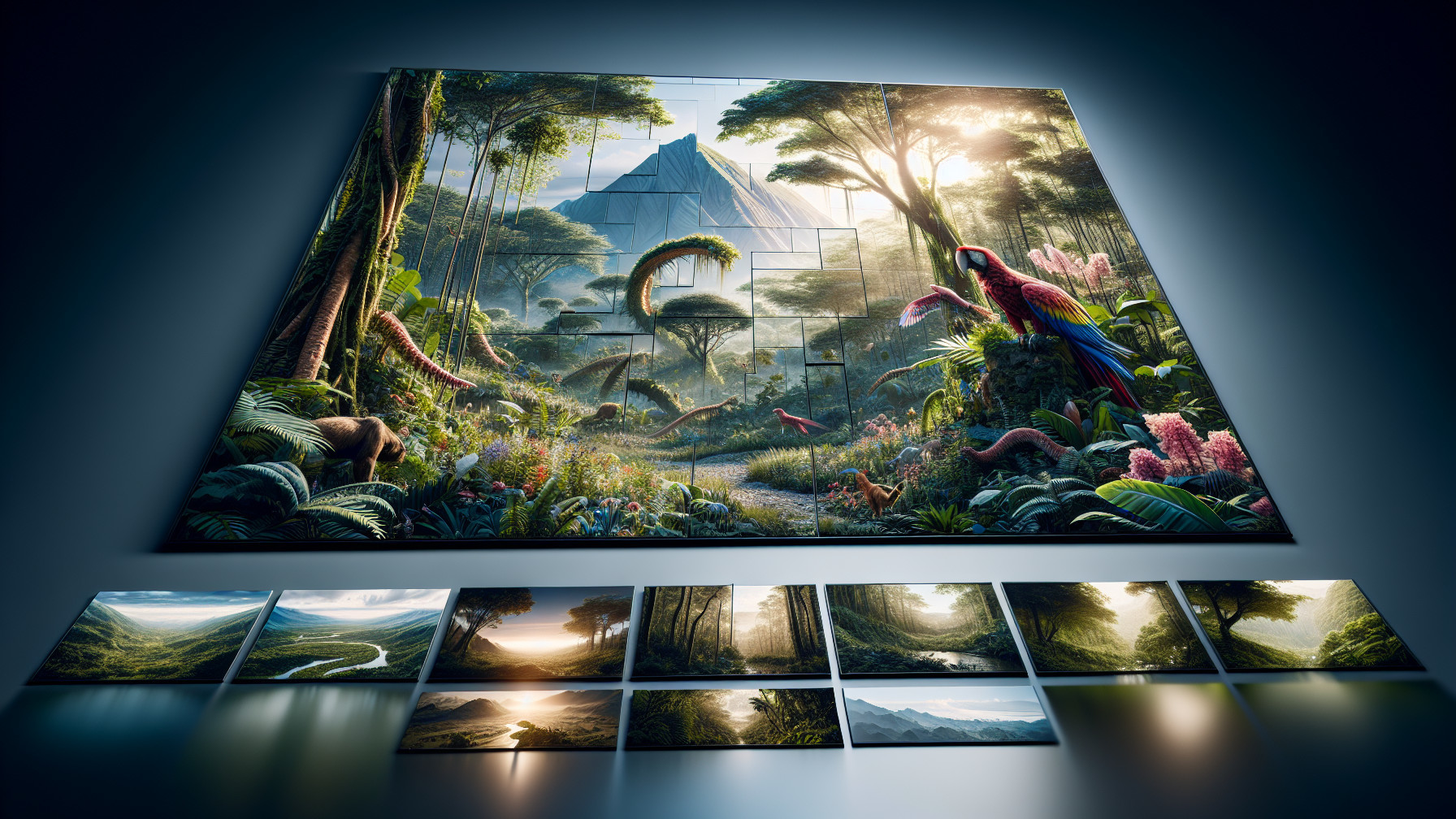 Vibrant Jungle Scene with Exotic Plants and Animals