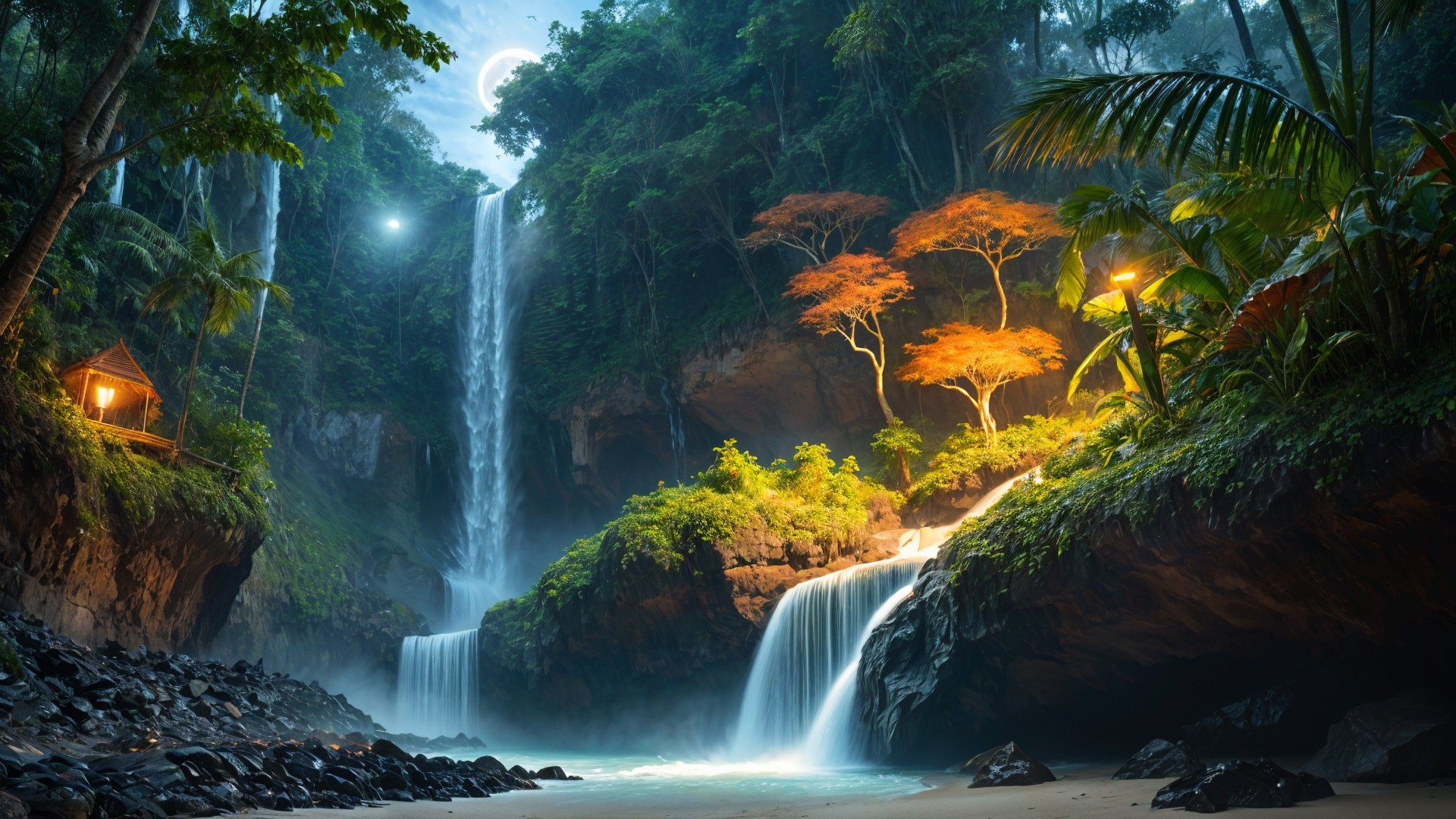 Serene Jungle Scene with Waterfalls and Lush Greenery