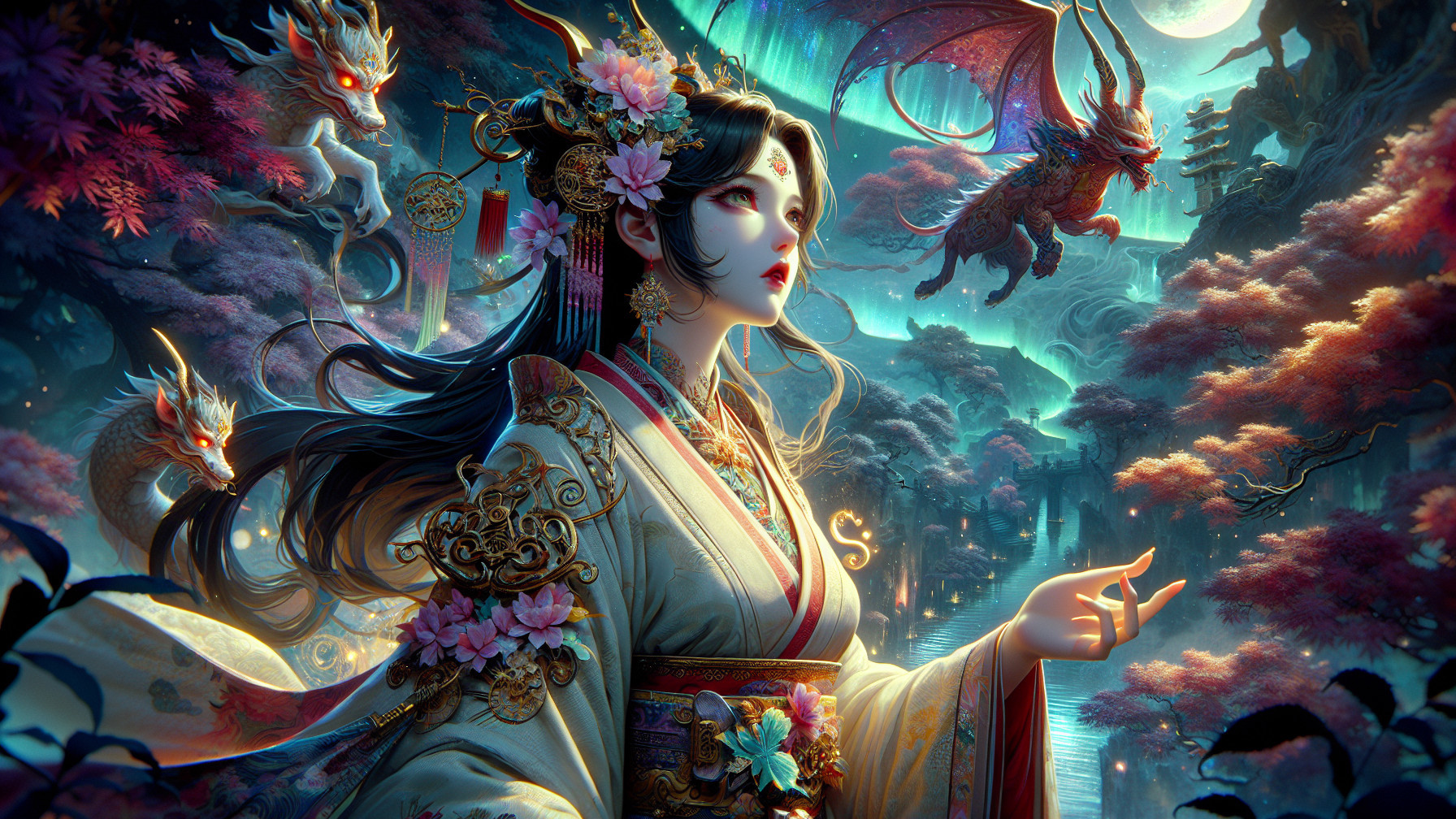 Mystical Landscape with Woman and Ethereal Dragons