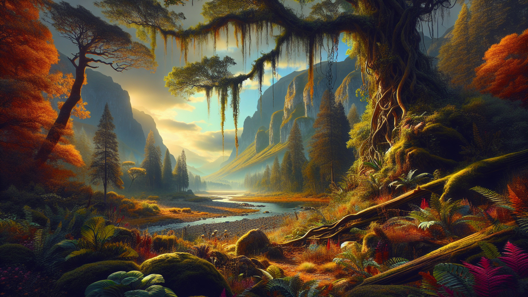 Serene Landscape with River and Autumn Foliage