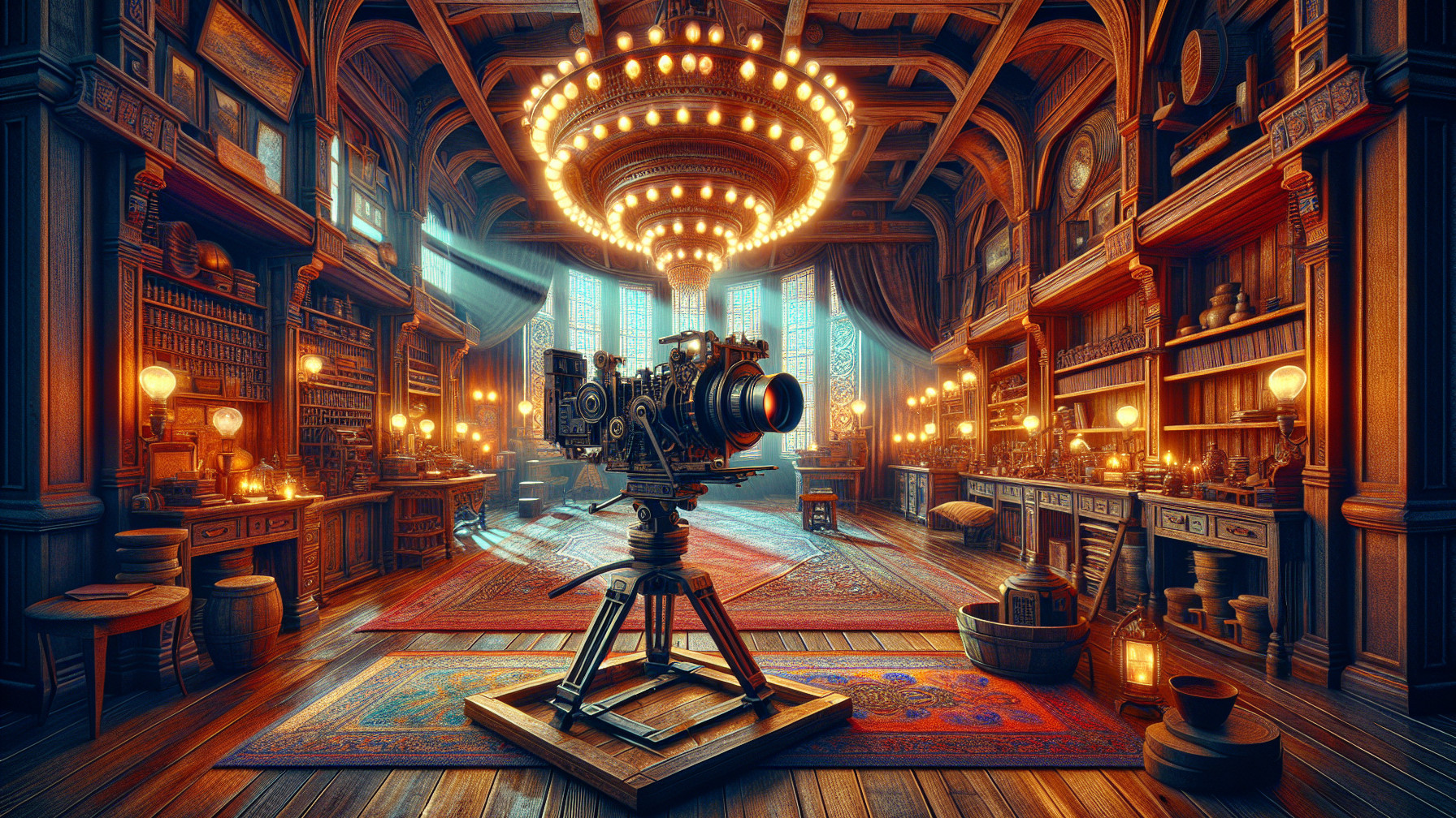 Grand library with books, chandelier, and vintage camera
