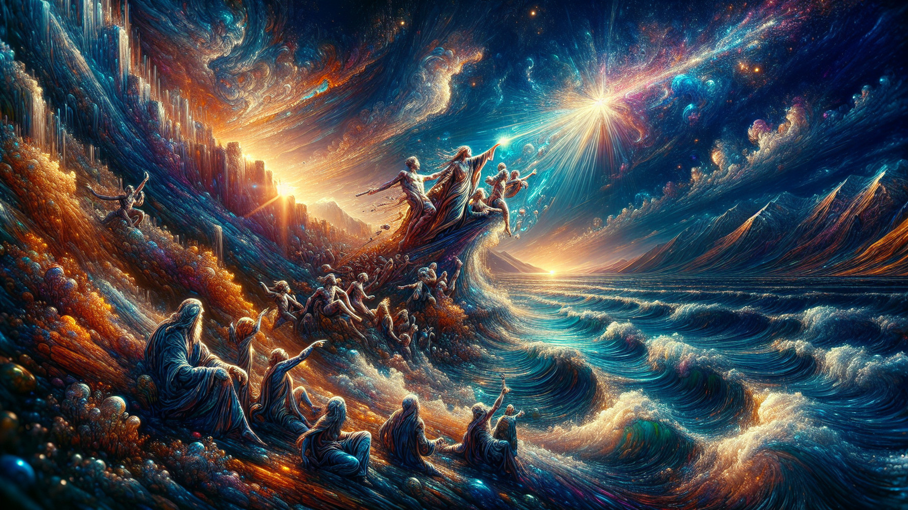 Ethereal Figures on a Rocky Shore Under Vibrant Sky