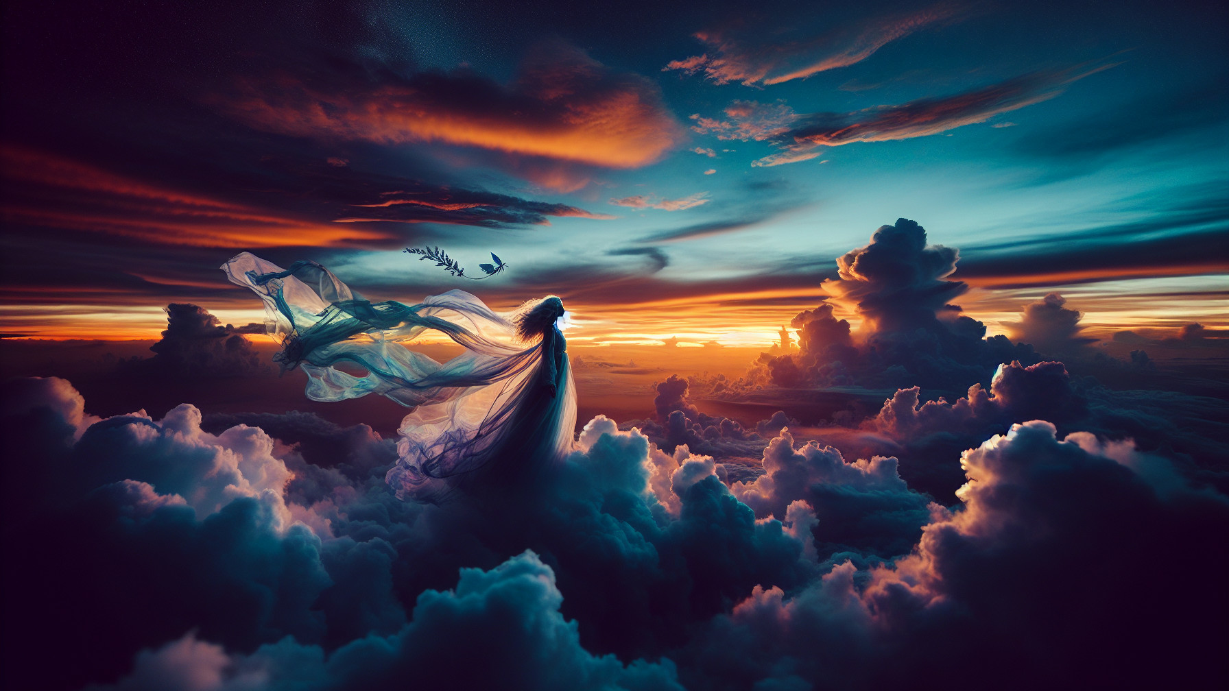 Ethereal figure in flowing fabrics at sunset clouds