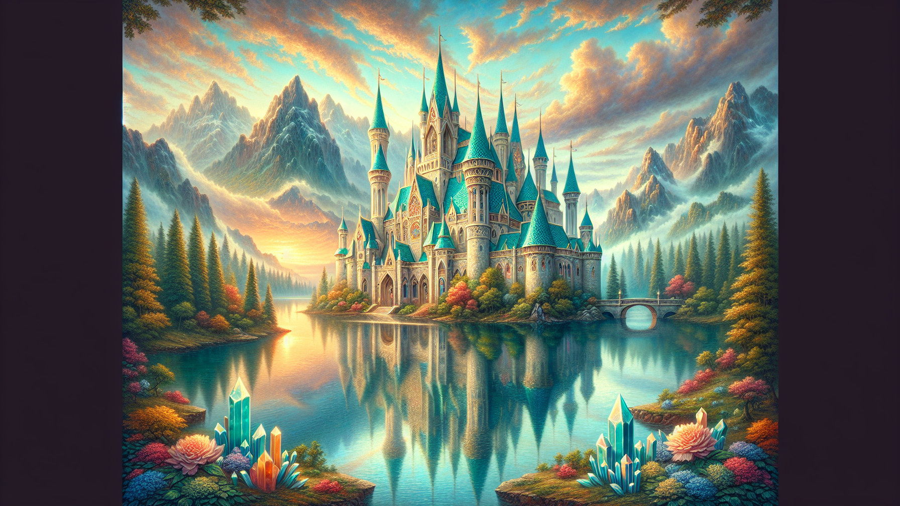 Majestic castle by serene lake with vibrant landscape