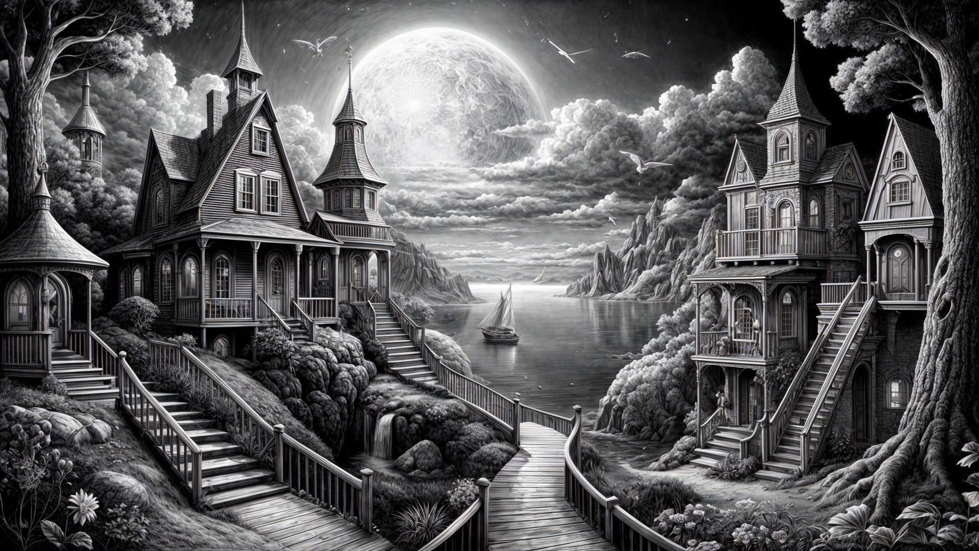 Surreal Black-and-White Landscape with Houses and Lake