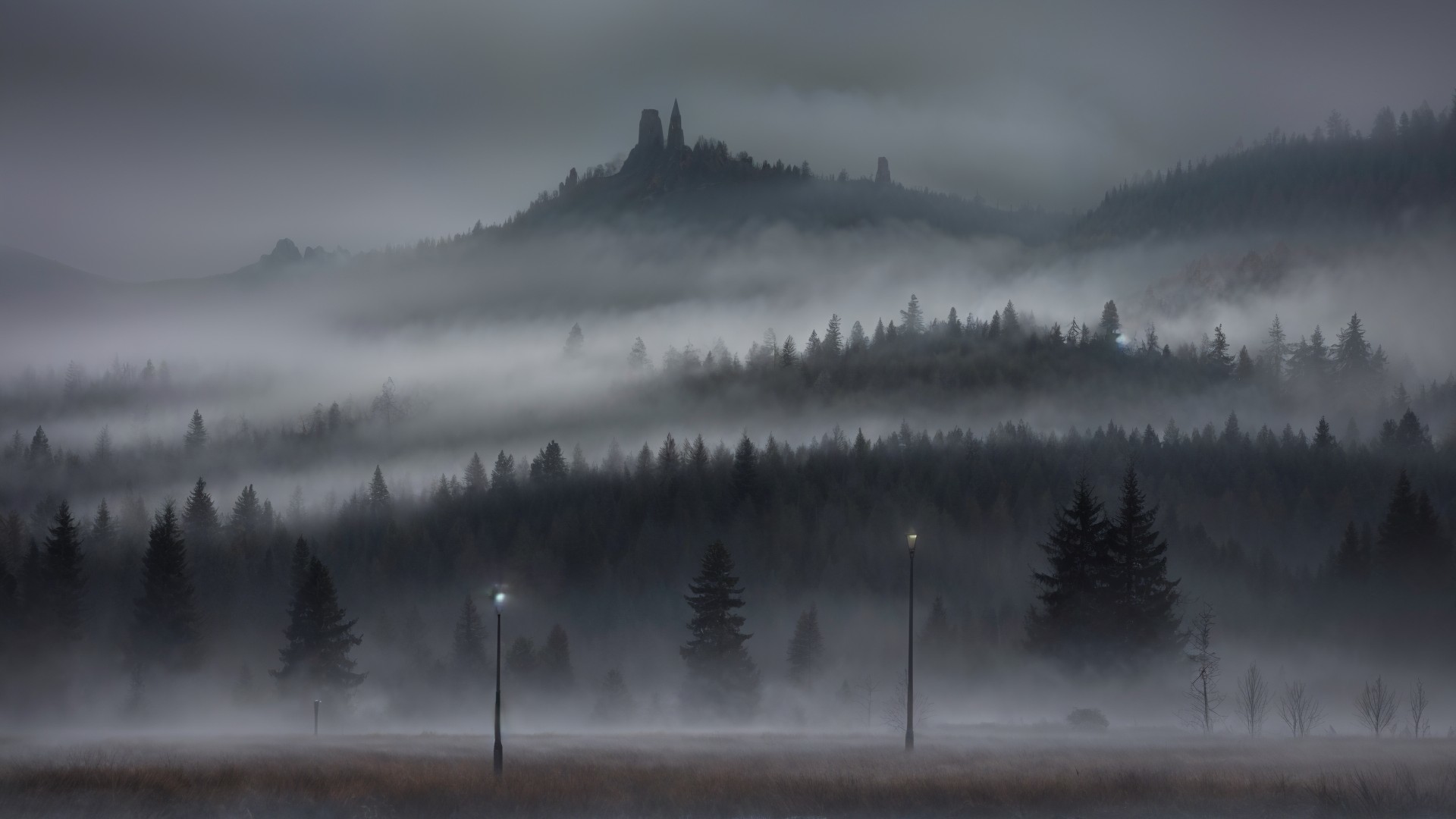 Misty Landscape with Rocky Formations and Trees